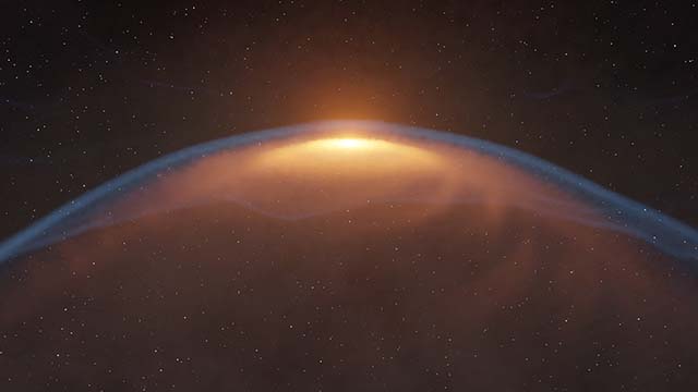 Artist’s impression of a protoplanetary disk distorted by a shock front created by an expanding bubble.