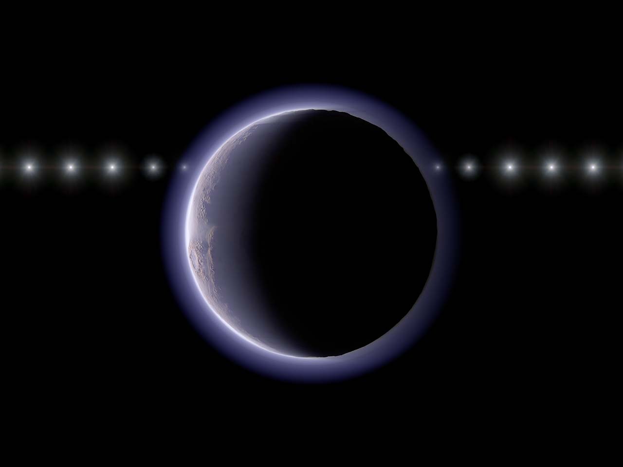 Artist’s conception of this research showing an imagined time sequence as a star passes behind a TNO with an atmosphere.