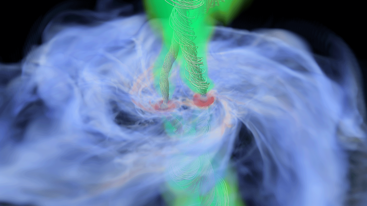 Visualization of gas flows around a binary protostar system calculated by ATERUI III. 