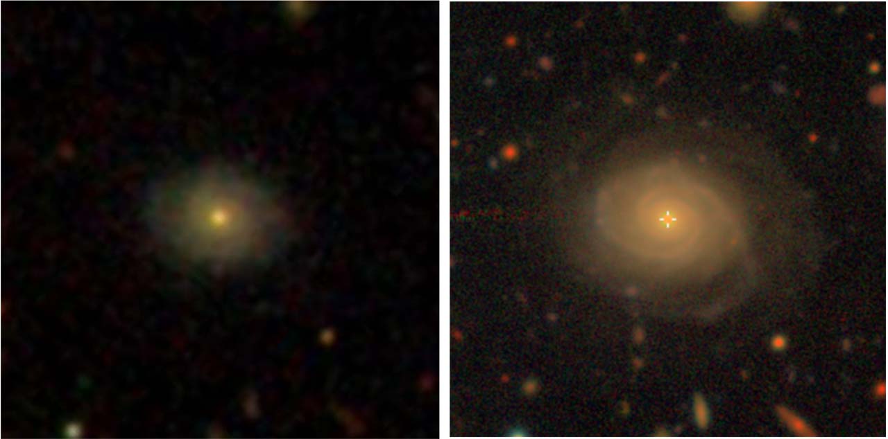 A galaxy captured by the 2.5-m aperture telescope of the Sloan Digital Sky Survey (SDSS) (left) and the same galaxy captured by HSC mounted on the Subaru Telescope (right)