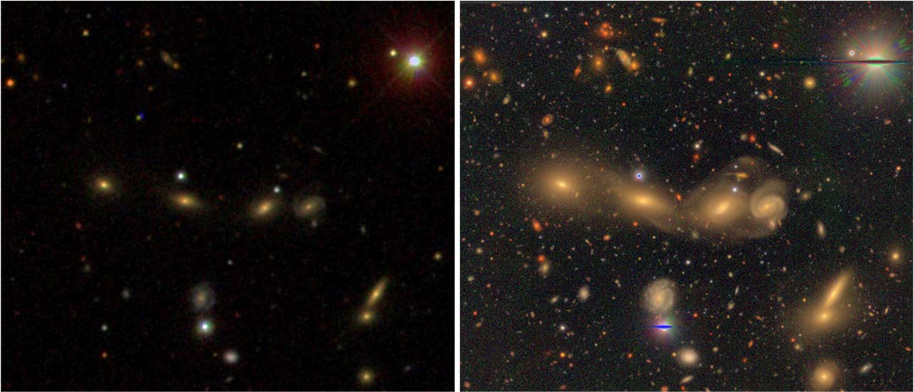 A sky field as observed in the SDSS (left) and the same field captured by HSC mounted on the Subaru Telescope (right)