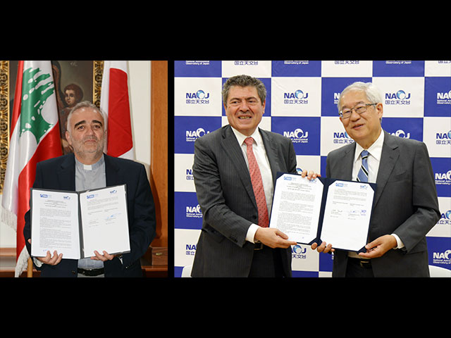 [Left photo] Fr. Bechara Khoury, President of NDU, and [Right photo] H. E. Mr. Nidal Yahya, Ambassador of the Lebanese Embassy (left), and Dr. Saku Tsuneta, Director General of NAOJ (right)