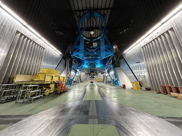 The Subaru Telescope viewed from the observation floor inside the telescope dome.