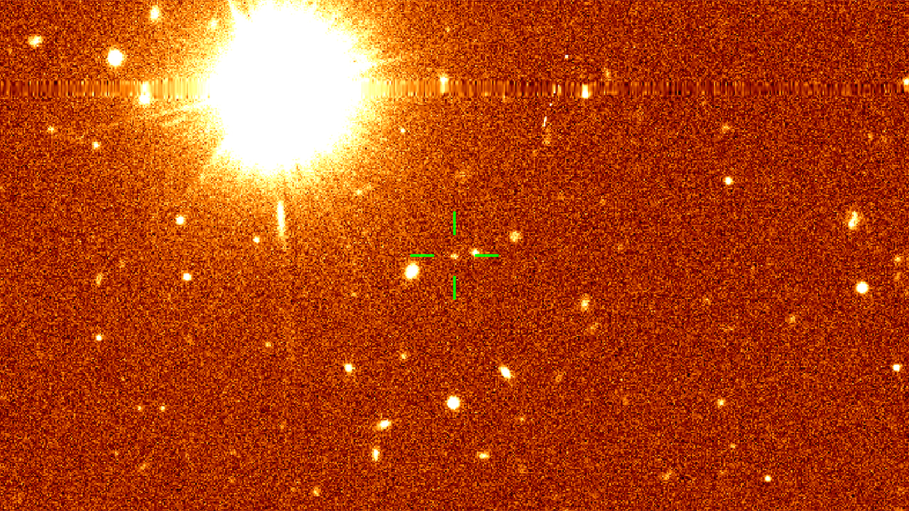 Asteroid 2024 YR<sub>4</sub> (marked by the crosshairs) as observed by the Subaru Telescope around 21:00 on February 20, 2025 (HAST).